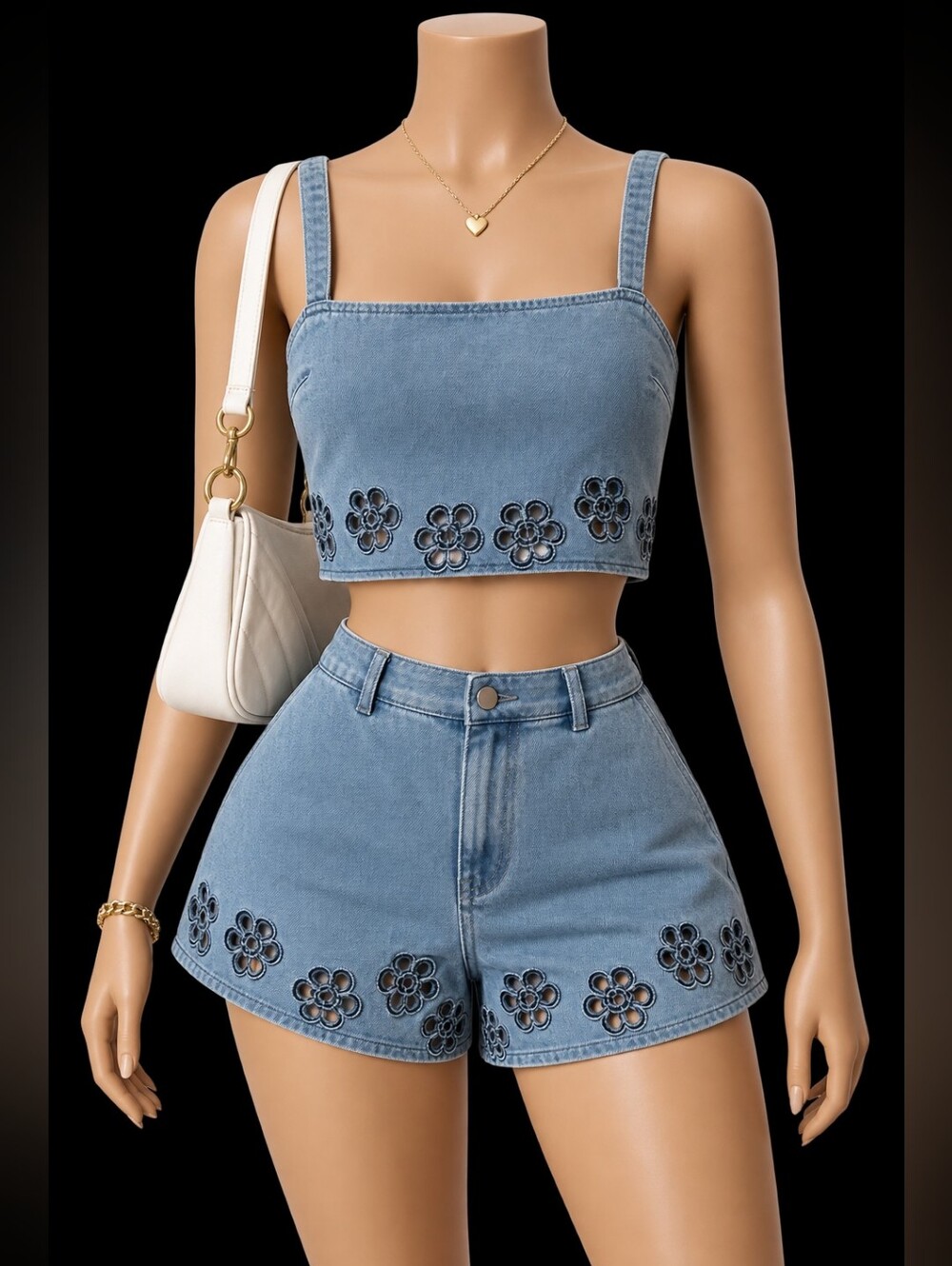 Blue Blush Floral Embroidered Denim Matching Set Crop Top & Shorts Small